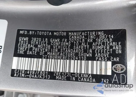 2014 Toyota Corolla Le z USA, uszkodzony, nr VIN 2T1BURHE8EC204110